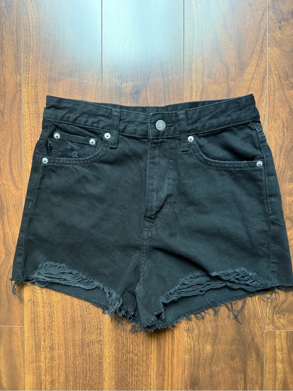Lovers + Friends Black Denim High-Waisted Cut Off Distressed Shorts / Size 25 - Picture 5 of 8